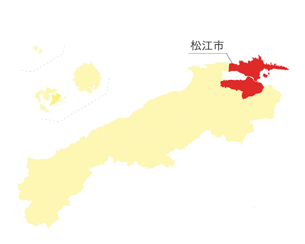 松江市を示した島根県の地図