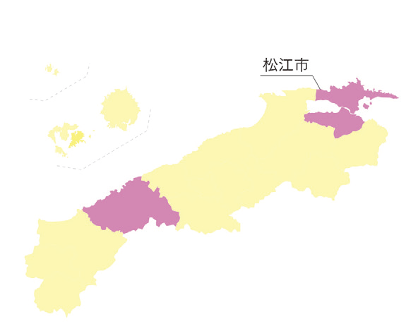 松江市を示した島根県の地図