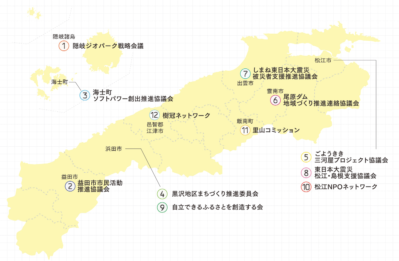 島根県新しい公共支援事業参加団体の場所と名前を示した島根県の地図